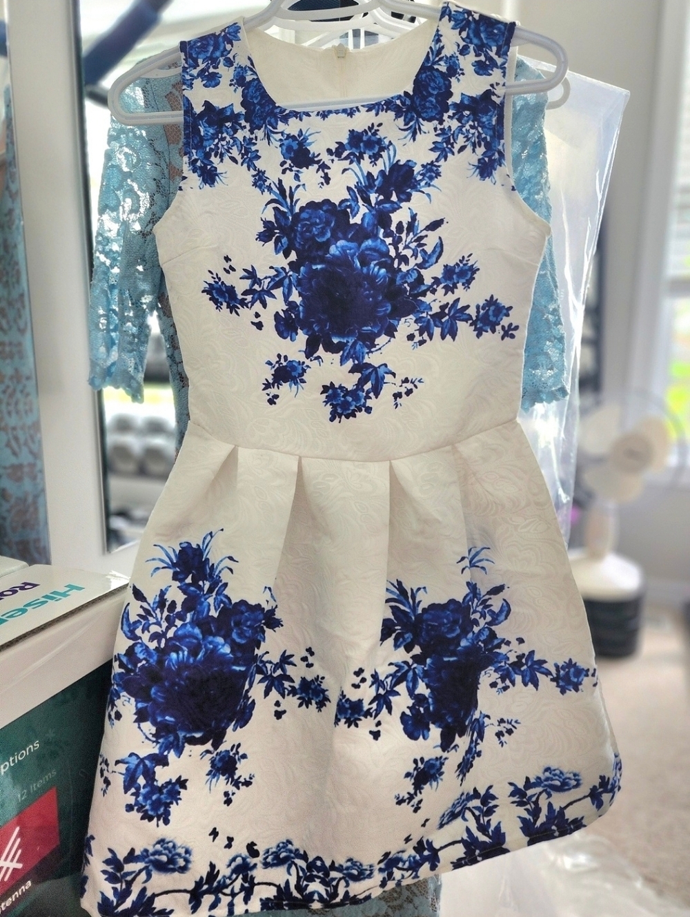 Vintage Blue & White Floral Jacquard Mini Dress